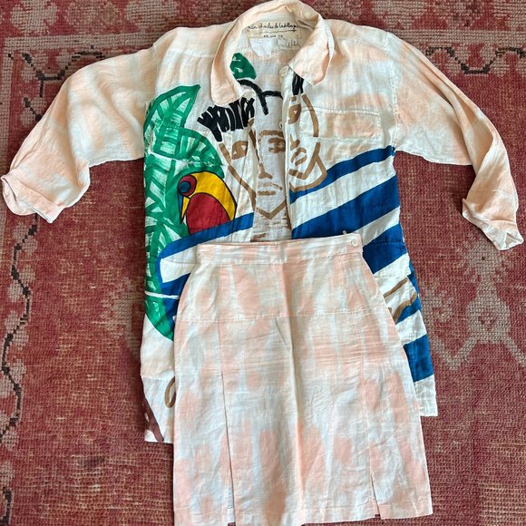 Jean Charles De Castelbajac Linen Painted Button Up Shirt and Skirt Set Size 0 - Picture 1 of 2
